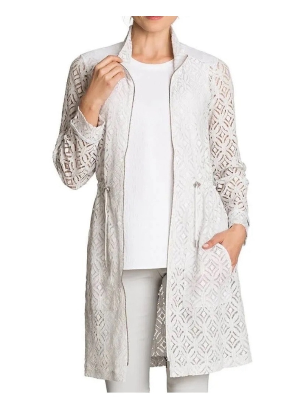 NIC+ZOE sheer lace drawstring zip up anorak jacket white ivory trench medium